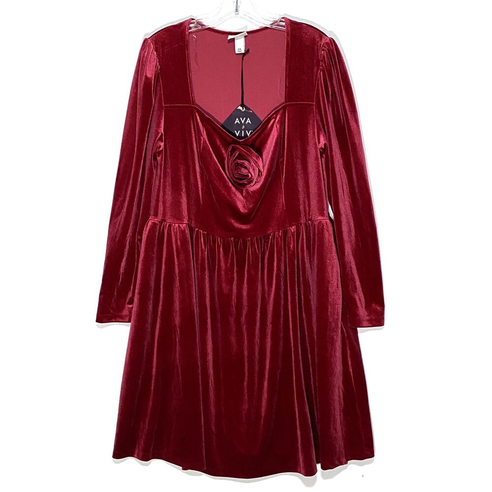 Ava & Viv Rosette Midi A-Line Red Dress 2XL Velvet Whimsigoth Emo Romantic NWT